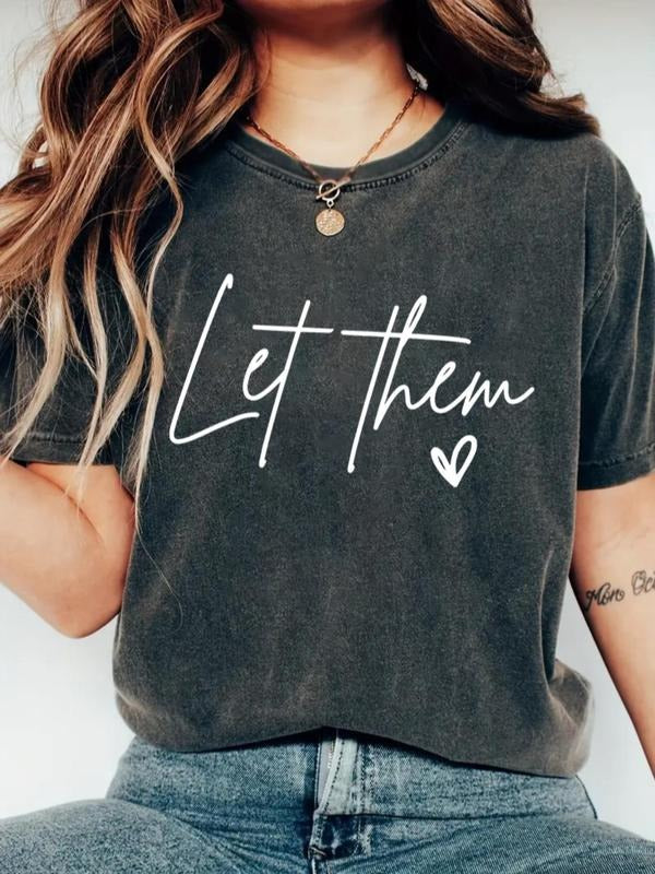 Women's Letter & Heart Print Round Neck Tee, Casual Short Sleeve Crew Neck T-shirt for Daily Wear, Ladies Clothes for...