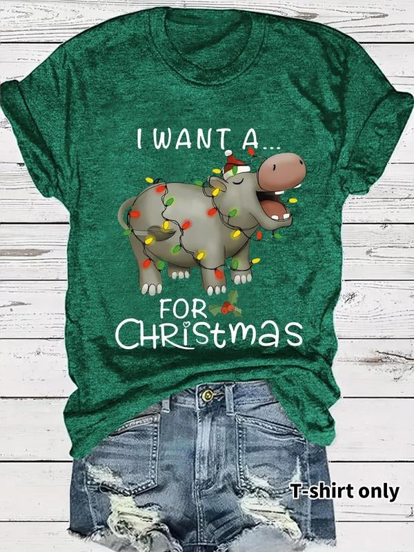 Women's Letter & Hippo Print Round Neck Tee, Casual Short Sleeve Crew Neck T-shirt for Summer, Fashion Women's Top for Christmas