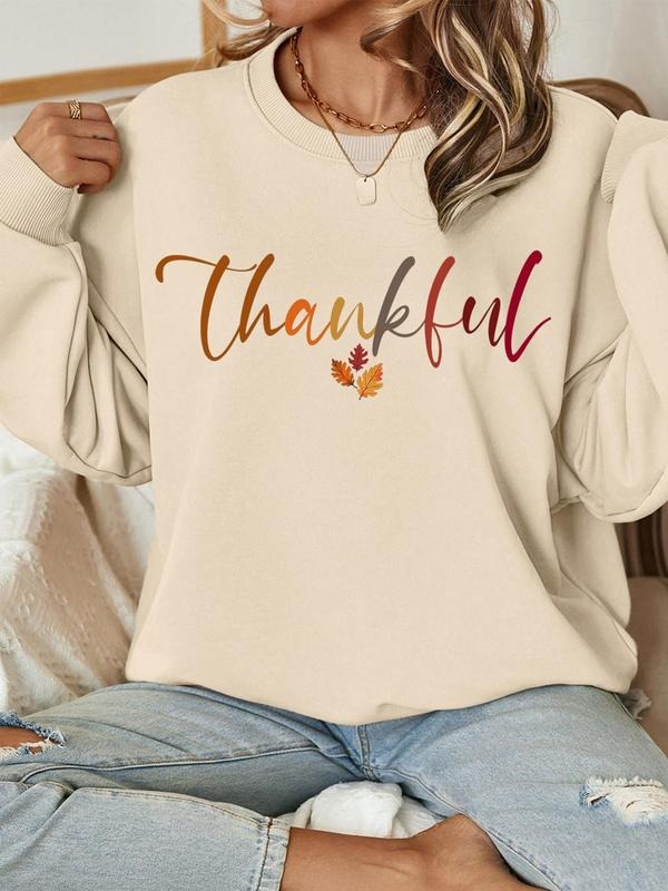 Letter & Leaf Print Crew Neck Casual Long Sleeve Fall & Winter Clothes Daily T-Shirts, Hoodie, Sweatshirt