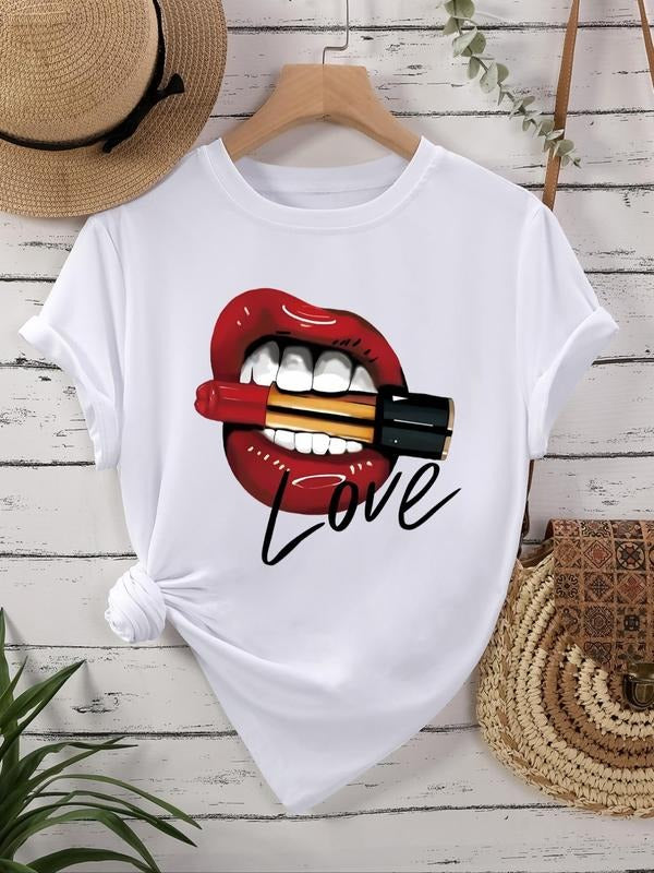 Letter & Lip Print Short Sleeve Casual Crew Neck Daily Vacation Outdoor Clothes All Seasons T-Shirts, Hoodie, Sweatshirt