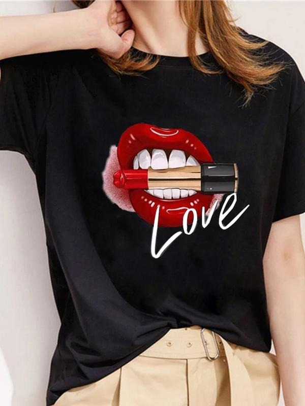 Women's Letter & Lip Print Short Sleeve Tee, Fashion Casual Crew Neck T-Shirt for Daily Holiday Vacation Outdoor Wear,...