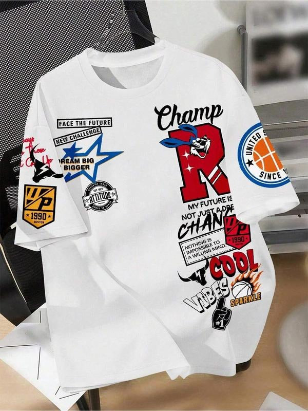 Letter & Number Print Round Neck Casual Loose Short Sleeve Daily Clothes All Seasons Top Shirt Hoodie Sweatshirt
