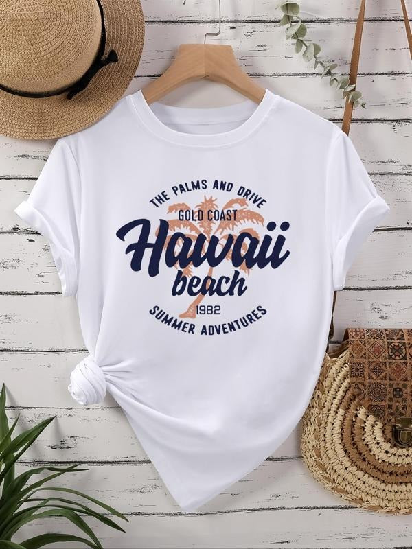 Letter & Palm Tree Print Round Neck Vintage Casual Short Sleeve Daily All Seasons Shirt Hoodie Sweatshirt