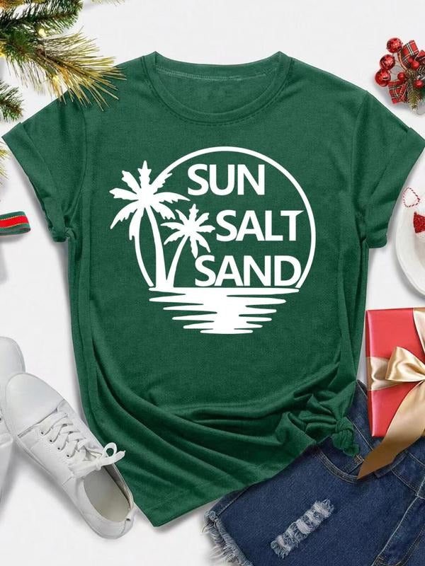 Women's Letter & Palm Tree Print Round Neck Tee, Casual Short Sleeve Crew Neck T-shirt for All Seasons, Fashion Women's...