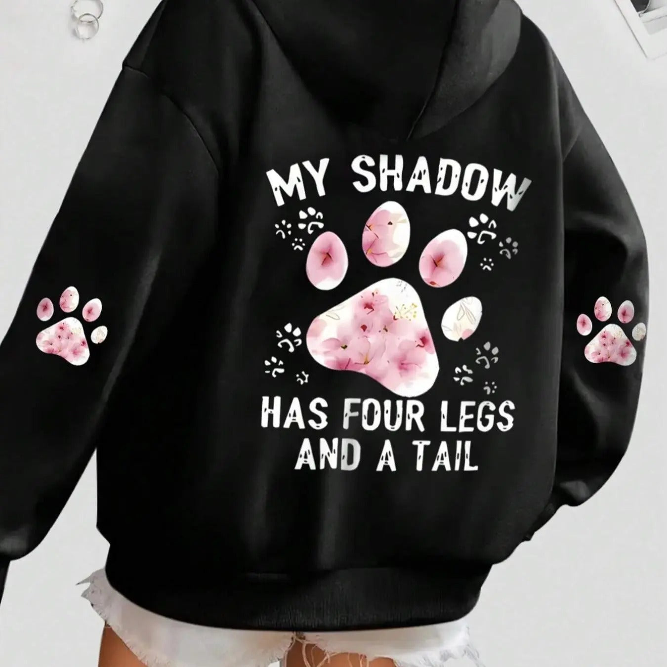 Women's Letter & Paw Print Drop Shoulder Hoodie, Fashion Casual Drawstring Pocket Hooded Sweatshirt for Daily Holiday...