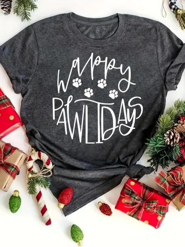Women's Letter & Paw Print Round Neck Tee, Casual Short Sleeve Crew Neck T-shirt for All Seasons, Fashion Women's Top for...