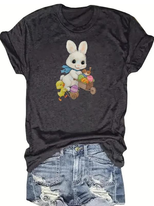 Women's Letter & Rabbit Print Round Neck Tee, Casual Short Sleeve Crew Neck T-Shirt for Summer, Fashion Women's Top for...