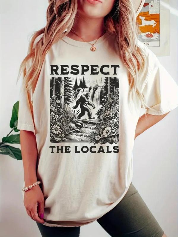 Women's Letter & Sasquatch Print Round Neck Tee, Vintage Trendy Casual Short Sleeve T-shirt for Daily Wear, Ladies All...