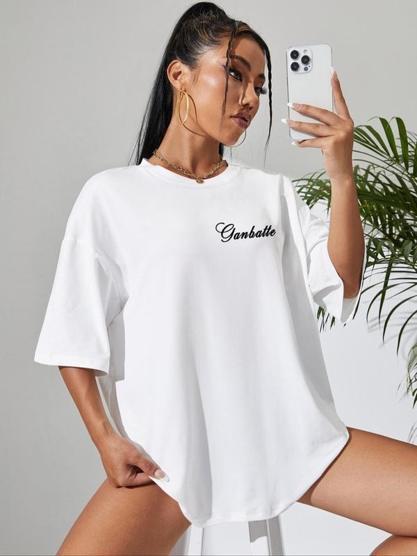 Letter & Star Print Round Neck Casual Drop Shoulder Short Sleeve Daily Summer Clothes Shirt Hoodie Sweatshirt