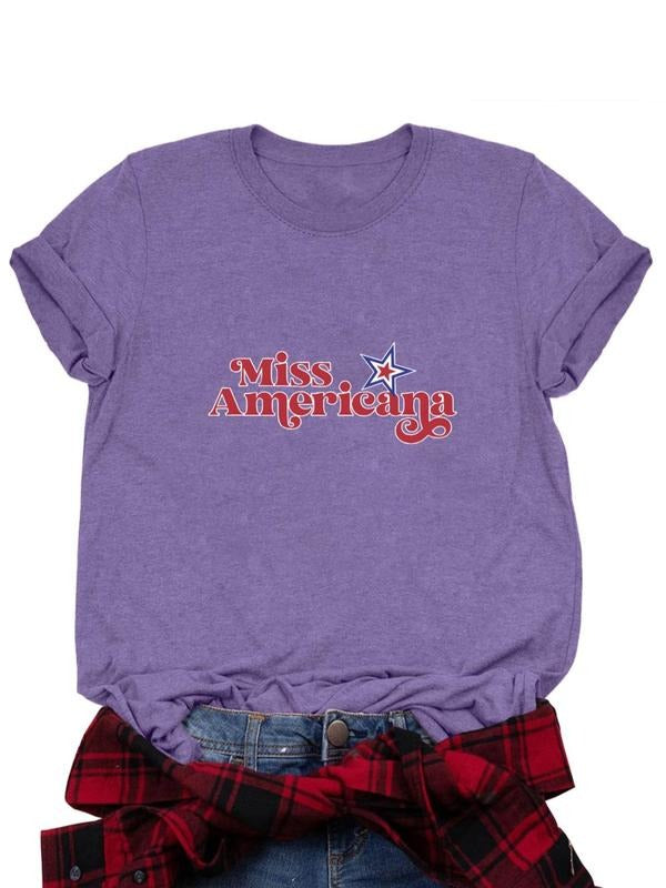 Women's Letter & Star Print Round Neck Graphic Tee, Casual Short Sleeve Crew Neck T-shirt for Daily Wear, Ladies Clothes...