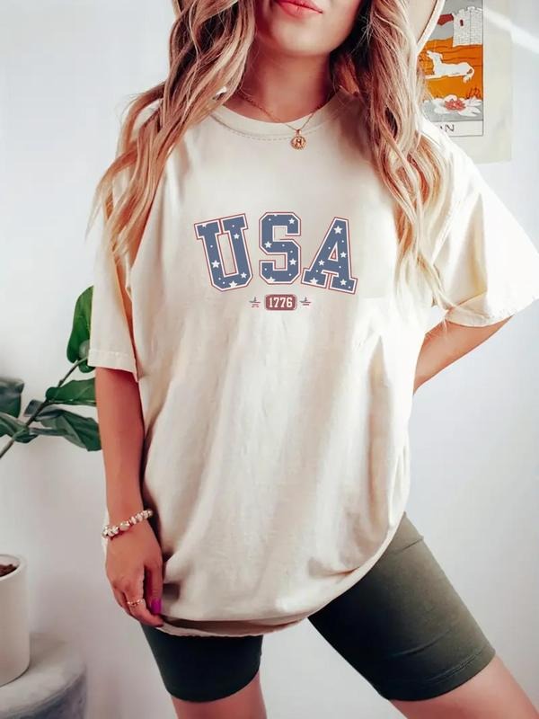 Women's Letter & Star Print Round Neck Graphic Tee, Casual Short Sleeve T-shirt for Daily Wear, Ladies Clothes for All...
