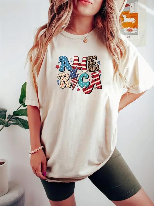 Women's Letter & Star Print Round Neck Graphic Tee, Vintage Trendy Casual Short Sleeve T-shirt for Daily Wear, Ladies All...