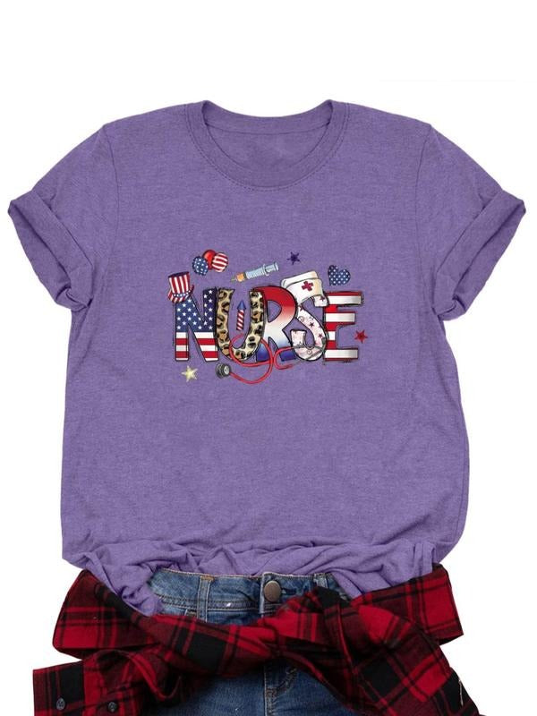 Women's Letter & Star Print Round Neck Tee, Casual Short Sleeve Crew Neck T-shirt for Daily Wear, Ladies Clothes for All...