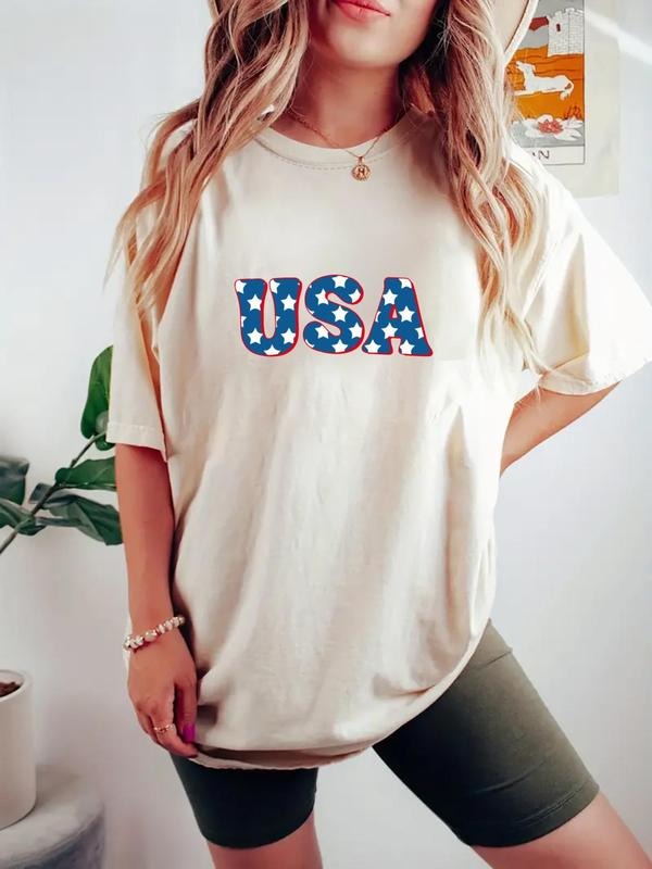 Women's Letter & Star Print Round Neck Tee, Casual Short Sleeve Crew Neck T-shirt for Daily Wear, Ladies Clothes for All...