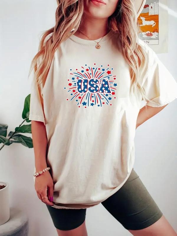 Women's Letter & Star Print Round Neck Tee, Casual Short Sleeve T-shirt for Daily Wear, Ladies Clothes for All Seasons,...