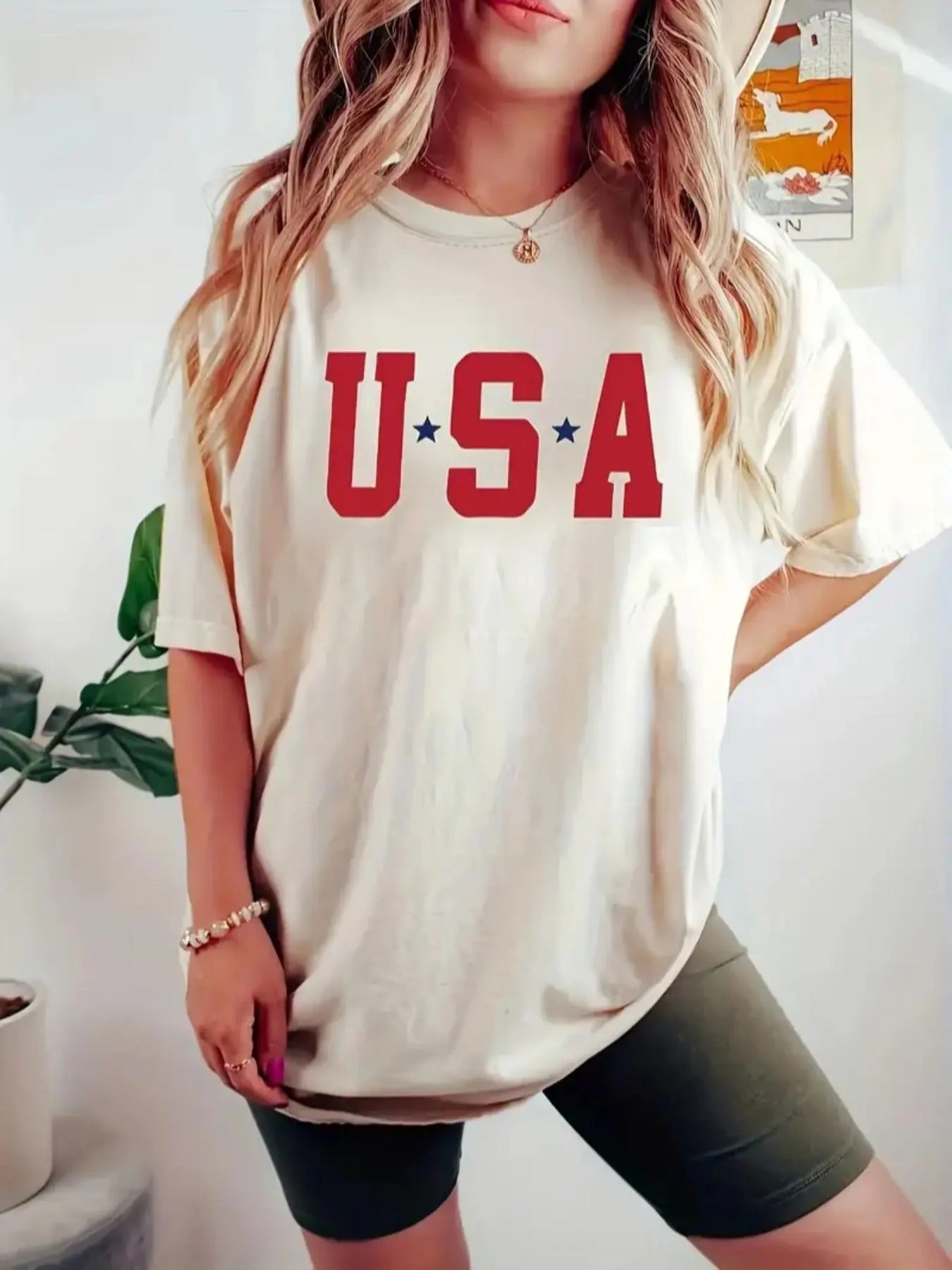 Women's Letter & Star Print Round Neck Tee, Casual Short Sleeve T-shirt for Summer, Women's Top for Daily Wear Hoodie...