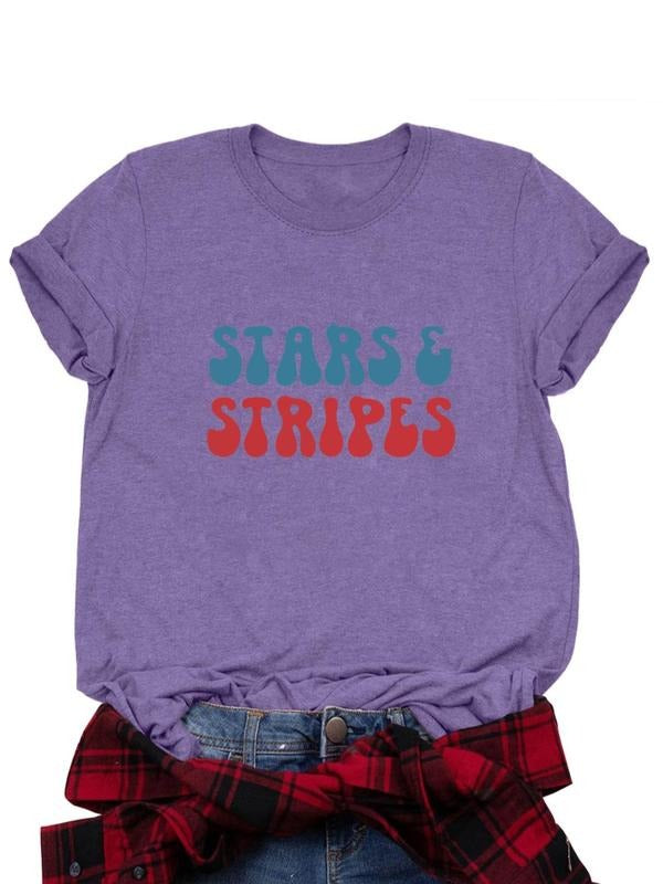 Women's Letter & Star Print Round Neck Tee, Vintage Trendy Casual Short Sleeve T-shirt for Daily Wear, Ladies All Seasons...