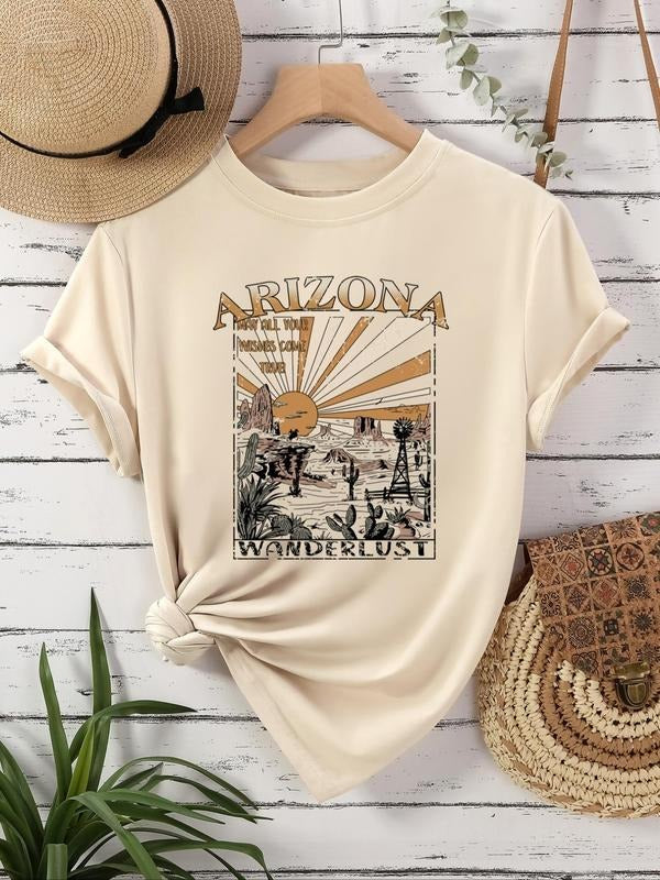 Letter & Sun Print Round Neck Casual Short Sleeve Daily All Seasons Shirt Hoodie Sweatshirt