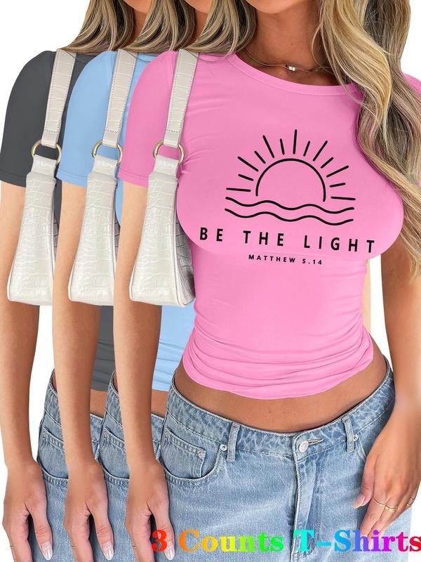 Women's Letter & Sun Print Short Sleeve Tee, Casual Round Neck T-shirt for Summer, Women's Top for Daily Wear Hoodie...