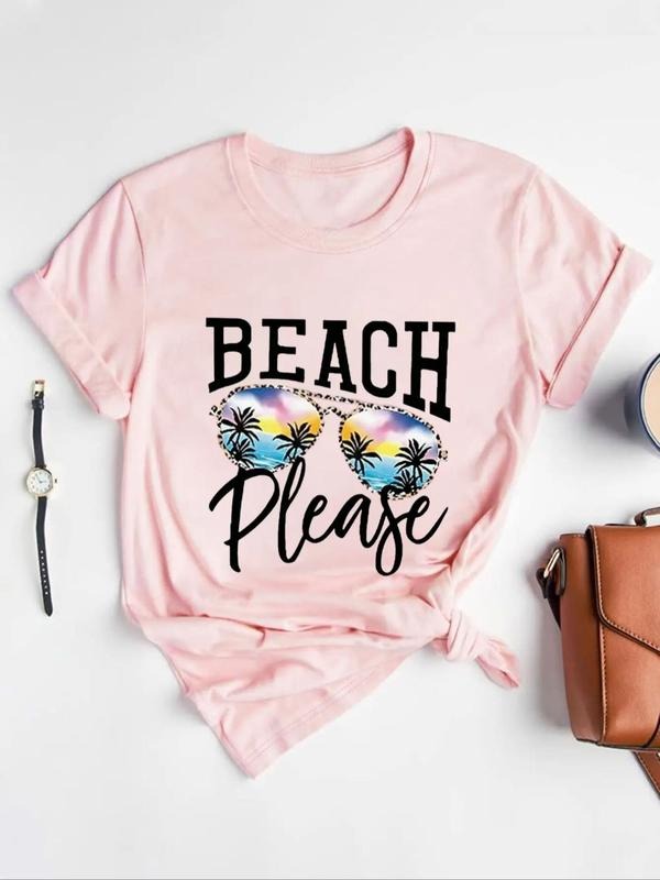 Letter & Sunglasses Print Round Neck Casual Crew Neck Short Sleeve Vacation Daily All Seasons T-Shirts, Hoodie, Sweatshirt