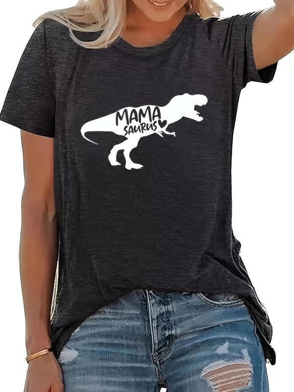 Women's Letter & Tyrannosaurus Rex Print Round Neck Tee, Casual Soft Comfortable Short Sleeve T-shirt for Summer, Ladies...
