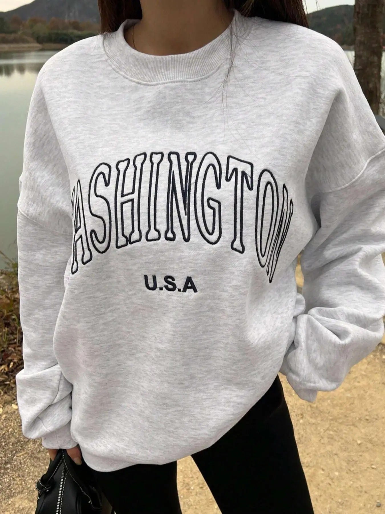 Women's Letter Embroidery Drop Shoulder Sweatshirt, Casual Long Sleeve Round Neck Thermal Lined Pullover for Fall &...