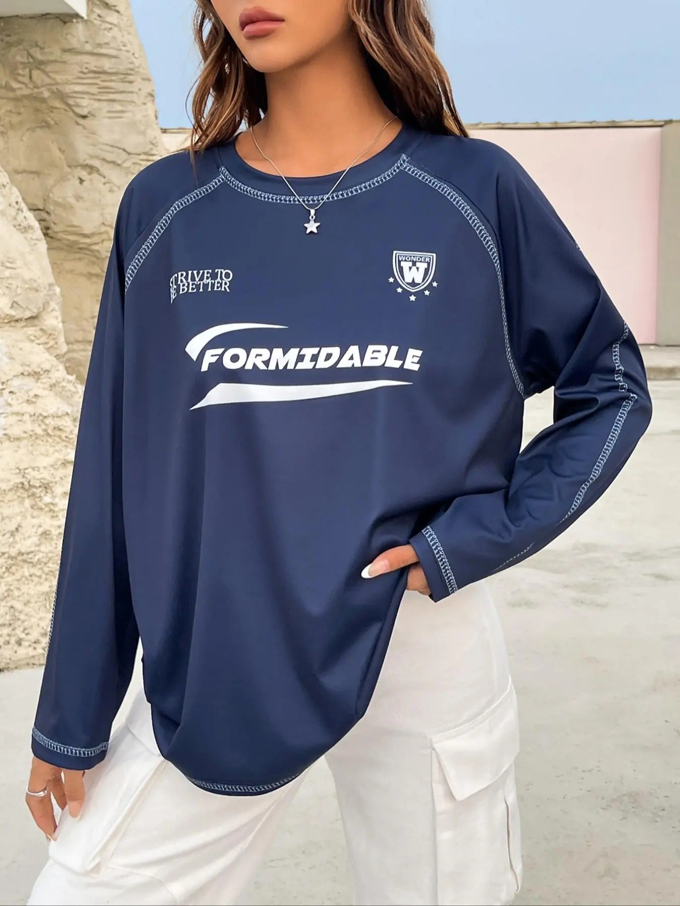 Letter Print Sleeve Casual Long Sleeve Round Neck Spring & Fall Clothes Daily T-Shirts, Hoodie, Sweatshirt