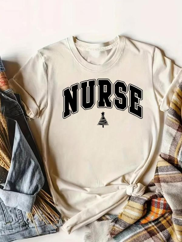Women's Letter Pattern Round Neck Graphic Tee, Fashion Casual Short Sleeve T-shirt for Daily Wear, Ladies Clothes for...