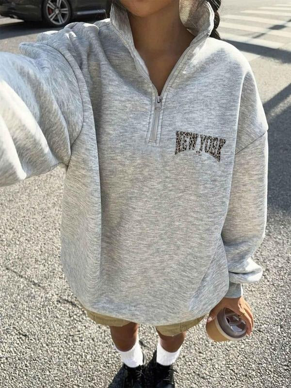 Women's Letter Print Drop Shoulder Half Zip Sweatshirt, Casual Long Sleeve Stand Collar Pullover for Winter, Women's...