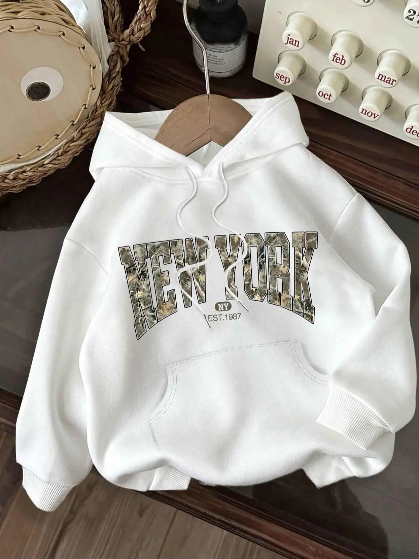 Letter Print Drop Shoulder Casual Drawstring Kangaroo Pocket Hooded Daily Outdoor Winter Camo T-Shirts, Hoodie, Sweatshirt