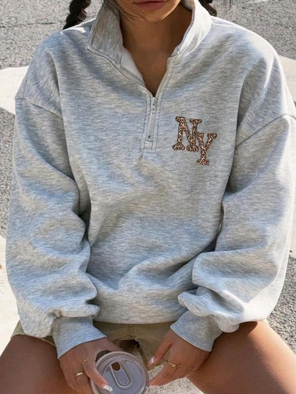 Letter Print Half Zip Casual Long Sleeve Fall & Winter Comfortable Clothes Daily T-Shirts, Hoodie, Sweatshirt