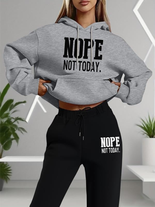 Women's Letter Print Hooded Sweatshirt Set, Long Sleeve Casual, Spring & Fall Fashion, Pocket Design, Two-Piece Clothing...