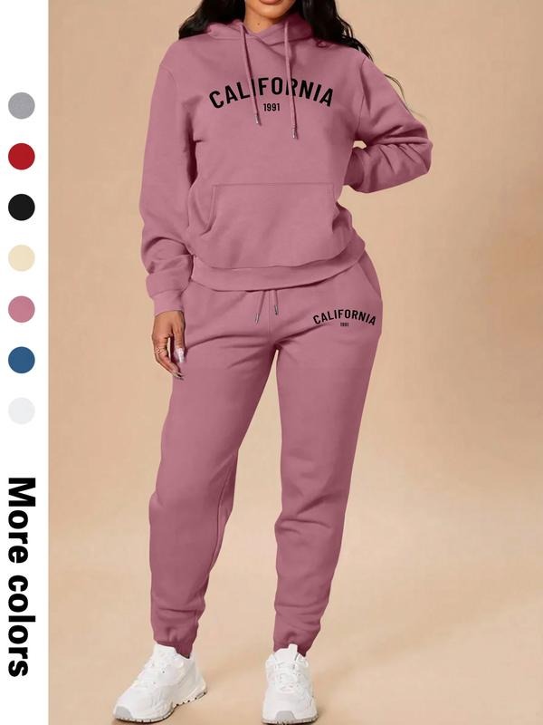 Women's Letter Print Hooded Sweatshirt Set, Long Sleeve Fitted Casual, Spring & Fall Fashion, Comfortable Daily Wear...