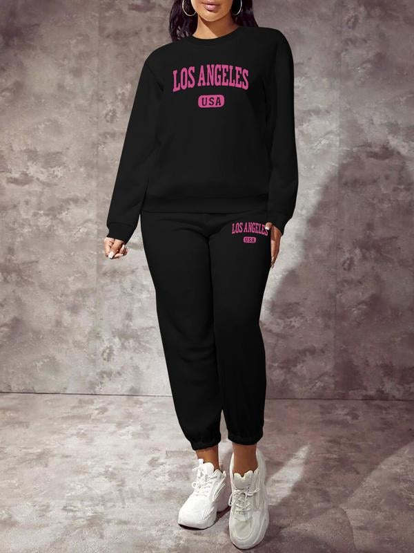 Women's Letter Print Long Sleeve Sweatshirt Set, Casual Fitted Two-Piece, Spring & Fall Fashion, Comfortable Daily Wear...