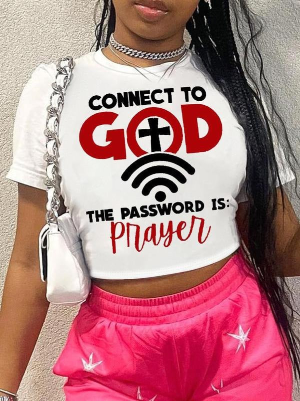 Women's Letter Print Round Neck Crop Tee, Casual Short Sleeve Crew Neck T-shirt for Daily Wear, Ladies Clothes for All...