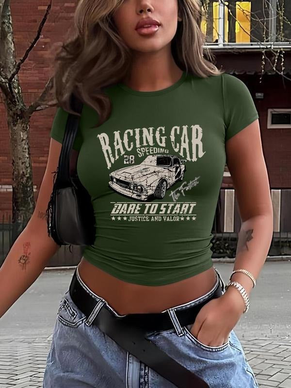 Women's Letter Print Round Neck Crop Tee, Casual Short Sleeve Crew Neck T-shirt for Daily Wear, Ladies Clothes for All...