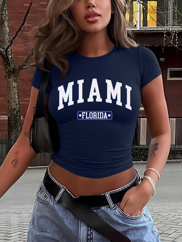 Women's Letter Print Round Neck Crop Tee, Casual Short Sleeve Crew Neck T-shirt for Daily Wear, Ladies Clothes for All...