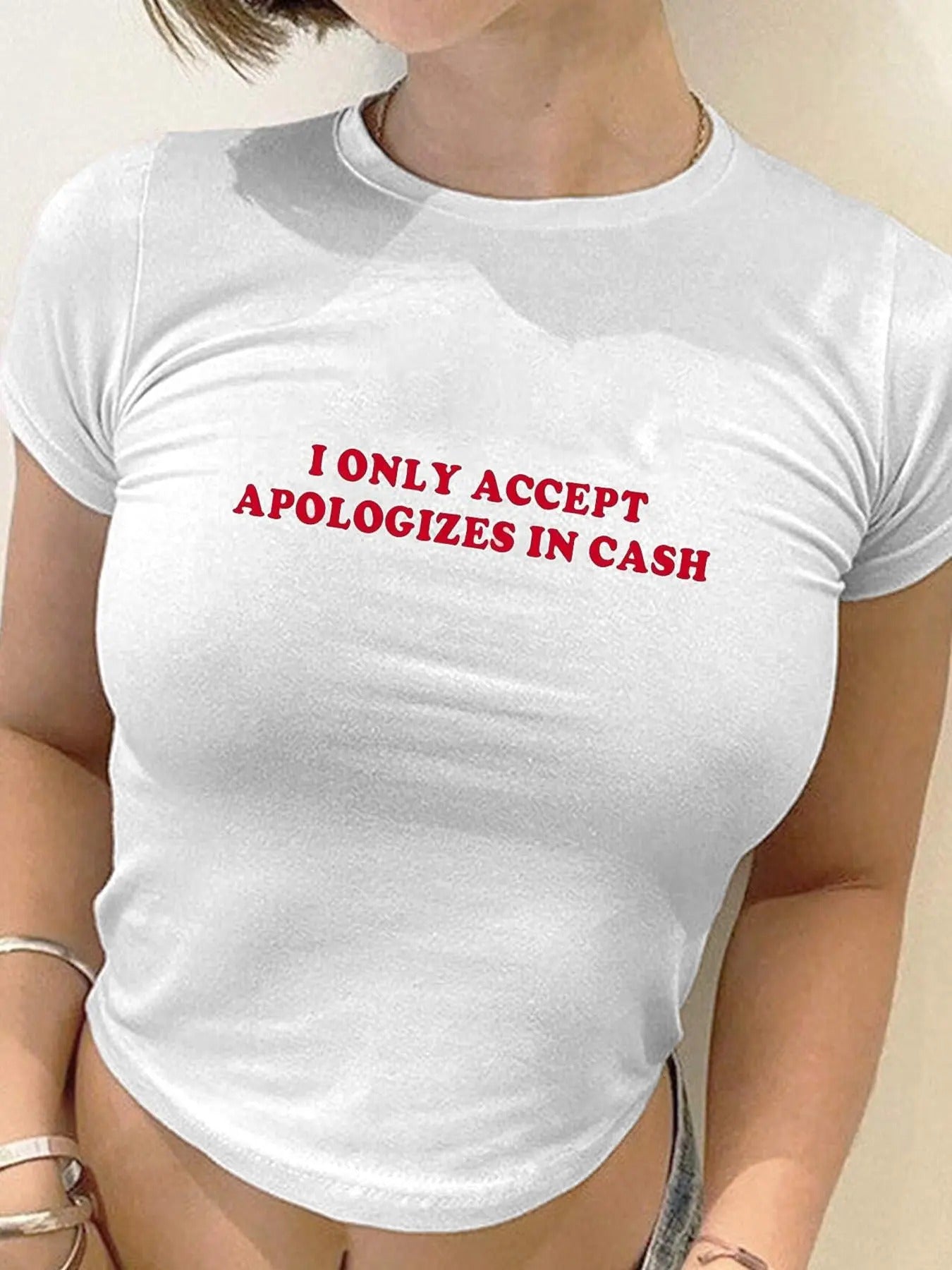 Women's Letter Print Round Neck Crop Tee, Casual Short Sleeve Crew Neck T-shirt for Daily Wear, Ladies Clothes for All...
