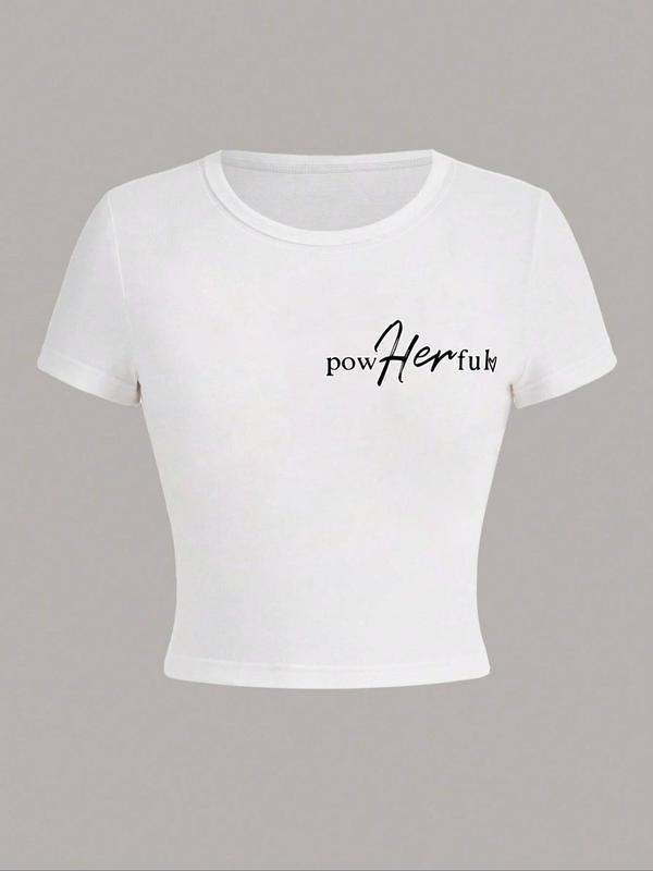 Women's Letter Print Round Neck Crop Tee, Casual Short Sleeve Crew Neck T-shirt for Daily Wear, Ladies Clothes for All...