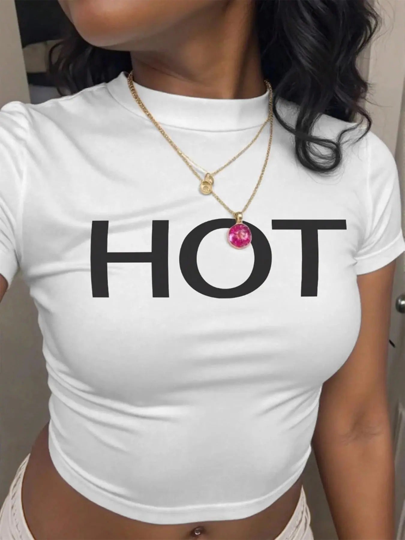 Women's Letter Print Round Neck Crop Tee, Casual Short Sleeve Crew Neck T-shirt for Summer, Fashion Women's Top for Daily...