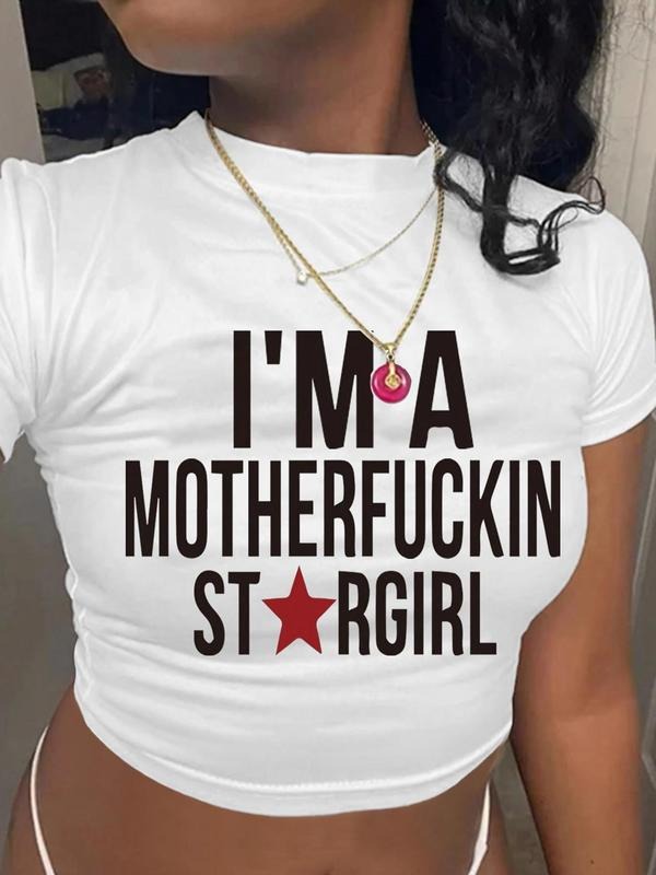 Letter Print Round Neck Crop Casual Star Print Short Sleeve Summer Top Daily T-Shirts, Hoodie, Sweatshirt