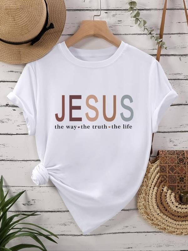 Women's Letter Print Round Neck Graphic Tee, Vintage Trendy Casual Short Sleeve T-shirt For Daily Wear, Ladies All...