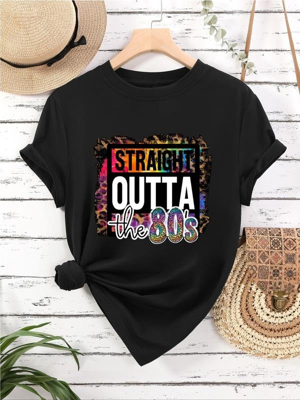 Women's Letter Print Round Neck Graphic Tee, Vintage Trendy Casual Short Sleeve T-shirt For Daily Wear, Ladies All-match...