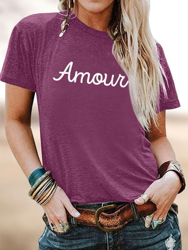 Women's Letter Print Round Neck Short Sleeve T-Shirt, Comfortable Soft Fabric, Available in 11 Colors, Casual Fashion Top...