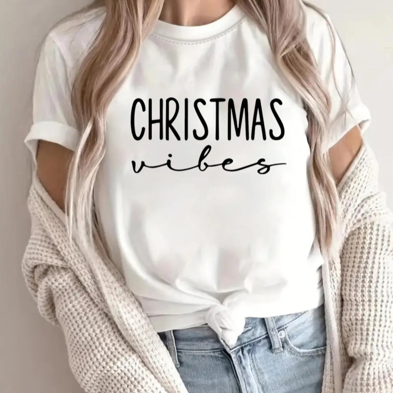 Women's Letter Print Round Neck Tee, 1 Count Casual Christmas Vibes Short Sleeve Crew Neck T-Shirt for Daily Holiday...