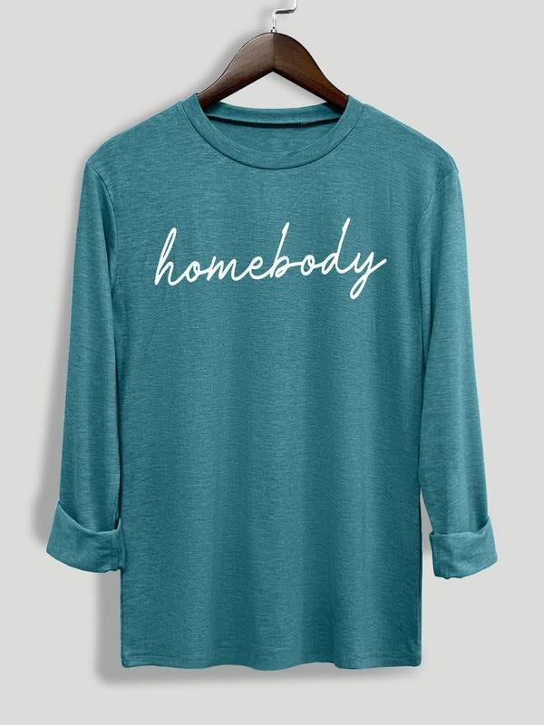 Women's Letter Print Round Neck Tee, Casual Long Sleeve Crew Neck T-shirt for Fall & Winter, Women's Clothes for Daily...