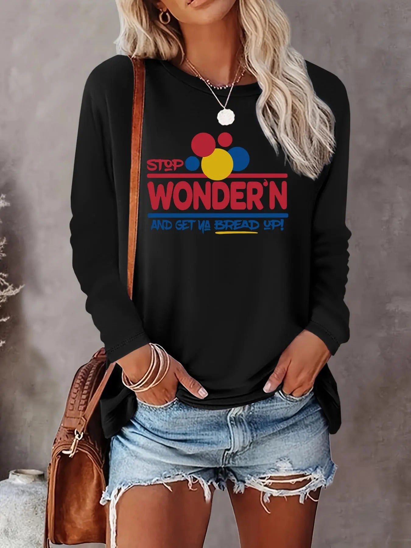 Women's Letter Print Round Neck Tee, Casual Long Sleeve Crew Neck T-shirt for Fall & Winter, Women's Top for Daily...