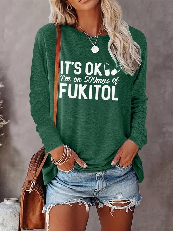 Women's Letter Print Round Neck Tee, Casual Long Sleeve Crew Neck T-shirt for Fall & Winter, Women's Top for Daily...
