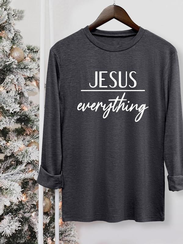 Women's Letter Print Round Neck Tee, Casual Long Sleeve Crew Neck T-shirt for Fall & Winter, Women's Top for Daily...