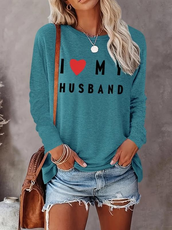 Women's Letter Print Round Neck Tee, Casual Long Sleeve Crew Neck T-shirt for Spring & Fall, Fashion Women's Top for...